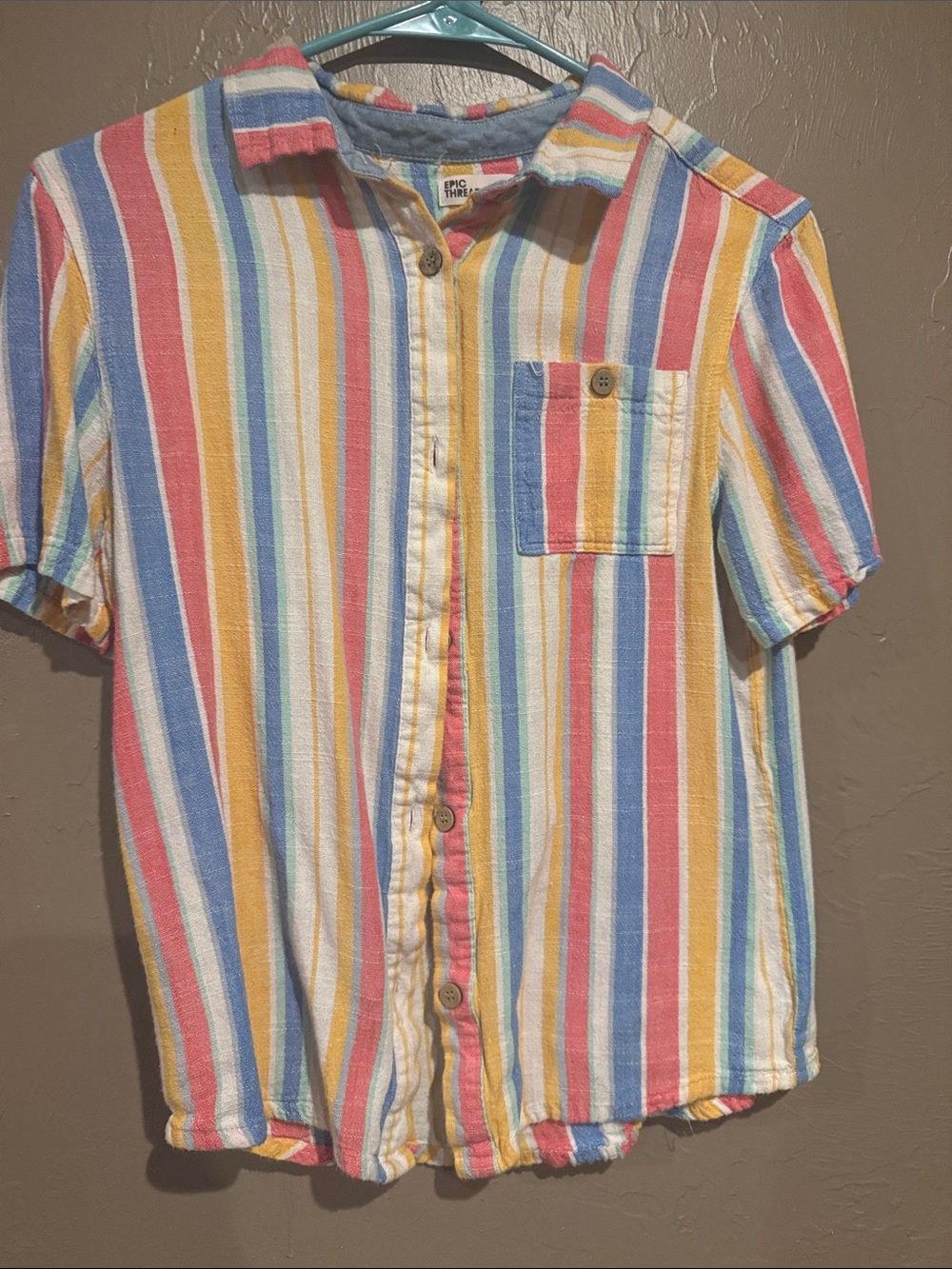 Epic Threads Multicolor Striped Button-Down Shirt - Blue, Yellow, Red